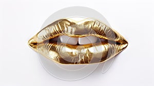 Lips painted with gold lipstick on a white background close-up.