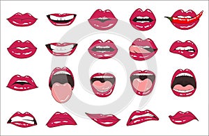 Lips patch collection. Vector illustration of doodle woman lips expressing different emotions, such as smile, kiss