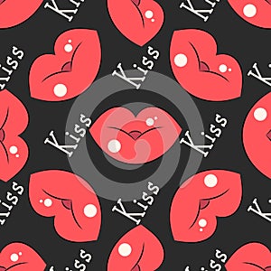 Lips pattern. Vector seamless pattern with woman s red and pink kissing flat lips