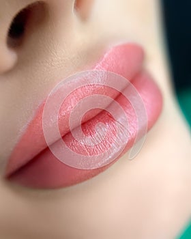 Lips with permanent lip makeup procedure macro shot of lips with eyebrow tattoo