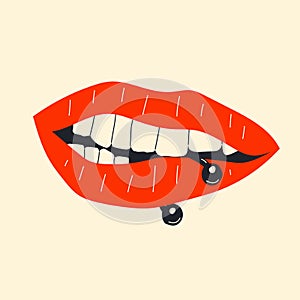 Lips piercing vector in cartoon style.