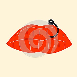 Lips piercing vector in cartoon style.