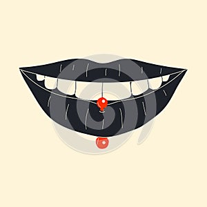 Lips piercing vector in cartoon style.