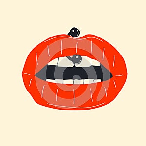 Lips piercing vector in cartoon style.