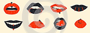 Lips piercing vector set in cartoon style.