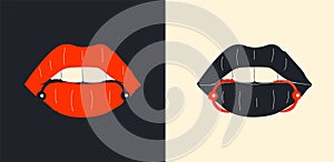 Lips piercing vector set in cartoon style.