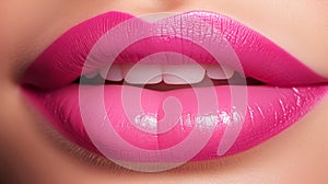 Lips with pink lipstick and white teeth of a beautiful, elegant, sexy white woman with perfect skin, close-up.