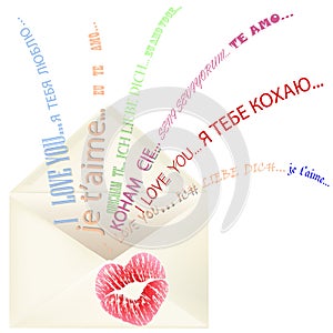 Lips print on the envelope with I love you message