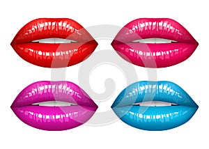 Lips realistic set with bright lipstick isolated on white. Lips mockup with different colours. Realistic vector