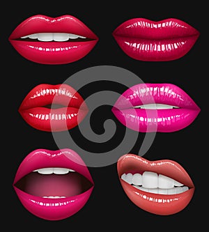 Lips realistic set with bright lipstick isolated on white. Realistic vector illustration.