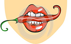 lips with red hot chili pepper. Pop art mouth biting spice. Close up view of cartoon girl eating flavouring. Vector illustrat