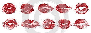 Lips, red lipstick kiss, set. Vector illustration