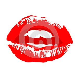 Lips. Red lipstick kiss with teeth on white background. Realistic vector illustration. Image trace.