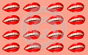 Lips with red lipstick on a pink background. A woman`s smile