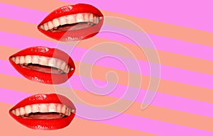Lips with red lipstick on a striped background. A woman`s smile on a background with pink lines