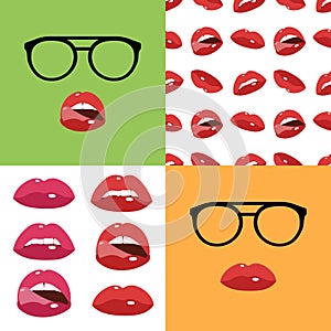 lips seamless and icons set