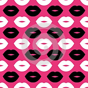 Lips. Seamless vector pattern with white and black lips on a bright pink background. Fashion pop art background. For