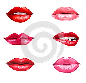 Lips set isolated on white background. design element.Red lips.Lips background. Lipstick advertisement. Smiley lips.