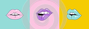 Lips Set in Pop Art 90's Style. Vector Illustration Women's Mouths in Different Emotions for Stickers, Logos