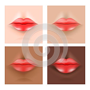 Lips on the skin. Human`s skin tone asian, caucasian, African,