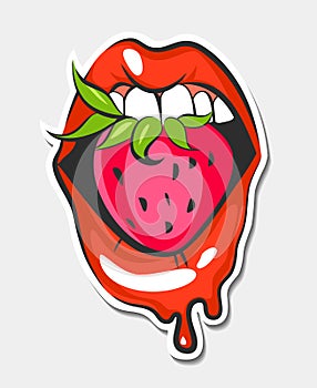 lips with sweet strawberry, vector illustration