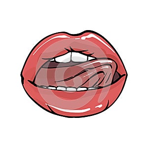 Lips with tongue erotic illustration t shirt print. Open mouth sexy lips art in vector photo