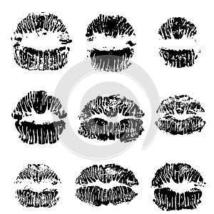Lips track print set. Stamp of mouth collection. Vector illustration.