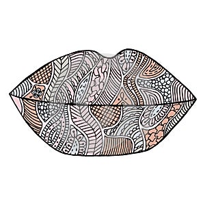Lips vector. Lipstick zenart. Kiss zen tangle. Makeup zen doodle. Mouth zentangle. Smile zendoodle. Cosmetic coloring book.