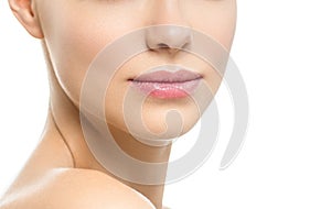 Lips woman beauty healthy skin close up natural lipstick pink red isolated on white