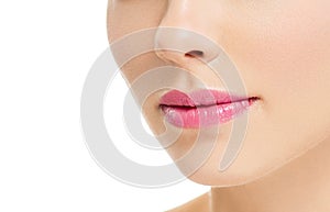 Lips woman beauty healthy skin close up natural lipstick pink red isolated on white