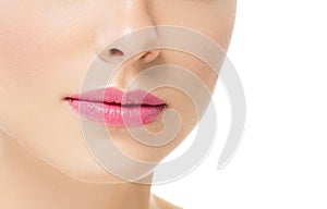 Lips woman beauty healthy skin close up natural lipstick pink red isolated on white