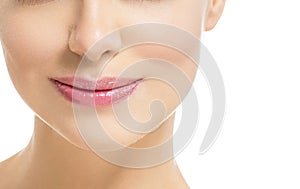 Lips woman beauty healthy skin close up natural lipstick pink red isolated on white