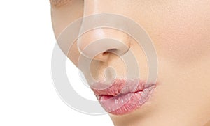 Lips woman beauty healthy skin close up natural lipstick pink red isolated on white