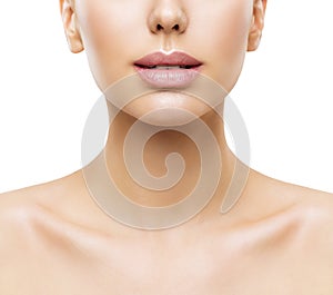 Lips, Woman Face Beauty, Mouth and Neck Skin Closeup, Women Skin