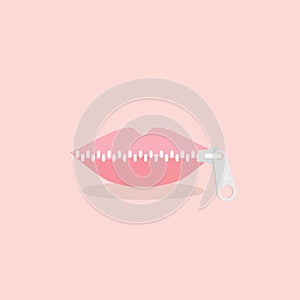 Lips zipped. Woman`s mouth with zipper closing lips shut. Concept of shut up, keeping quiet. Vector illustration, flat design