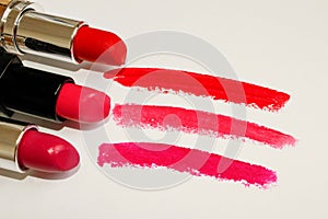 Lipstick. Beauty and Fashion concept. Set of beautiful  lips on white.Lipstick and lipstick kiss mark.