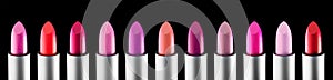 Lipstick colourful tints palette. Fashion Various colors Lipsticks isolated on black background, Professional Makeup
