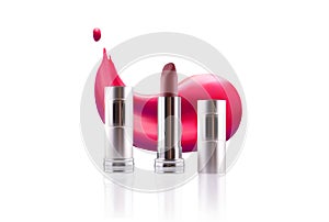 Lipstick cosmetic makeup mockup design template. Vector 3d pink red golden color pomade tube and lipstick smudge smear