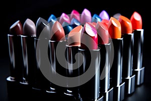 Lipstick. Fashion Colorful Lipsticks over black background, Beautiful Make-up concept