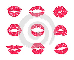 Lipstick kiss. Female mouth makeup, woman lips red grunge print isolated on white, set of affair symbols. Vector lip