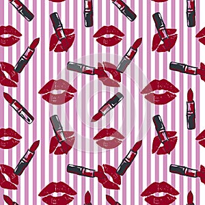 Lipstick and kiss pattern on striped background