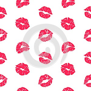 Lipstick kiss pattern. Woman lips with grunge texture, red female mouth seamless texture. Vector romantic print template photo