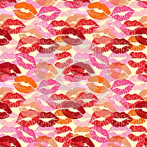 Lipstick kiss print isolated seamless pattern. Vector lips set. Different shapes of female sexy red lips. Sexy lips