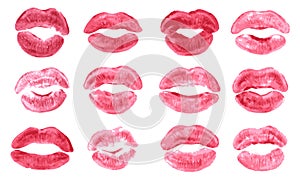 Lipstick kiss print isolated vector set pink red coral lips set different shapes