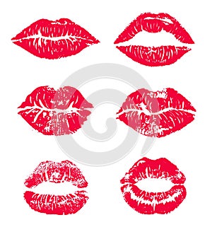 Lipstick kiss print isolated vector set. red vector lips set. Different shapes of female red lips. lips makeup, photo