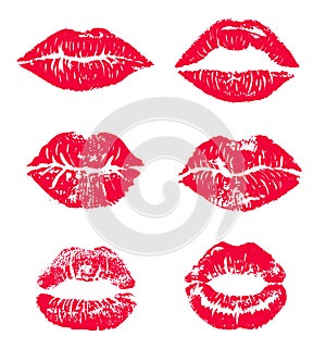 Lipstick kiss print isolated vector set. red vector lips set. Different shapes of female red lips. lips makeup,