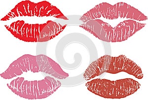 Lipstick kiss print isolated vector set. red vector lips set. Different shapes of female sexy pink and red lips. Sexy