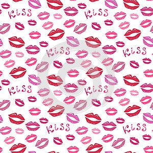 Lipstick kiss print. Vector fashion seamless pattern for textile or wrapping. Valentines day background with color lips