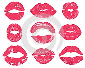 Lipstick kiss. Sexy woman red lips print. Female mouth makeup silhouettes, love smooches romantic valentines isolated