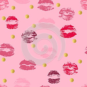 Lipstick kisses seamless pattern. Pink lips prints.